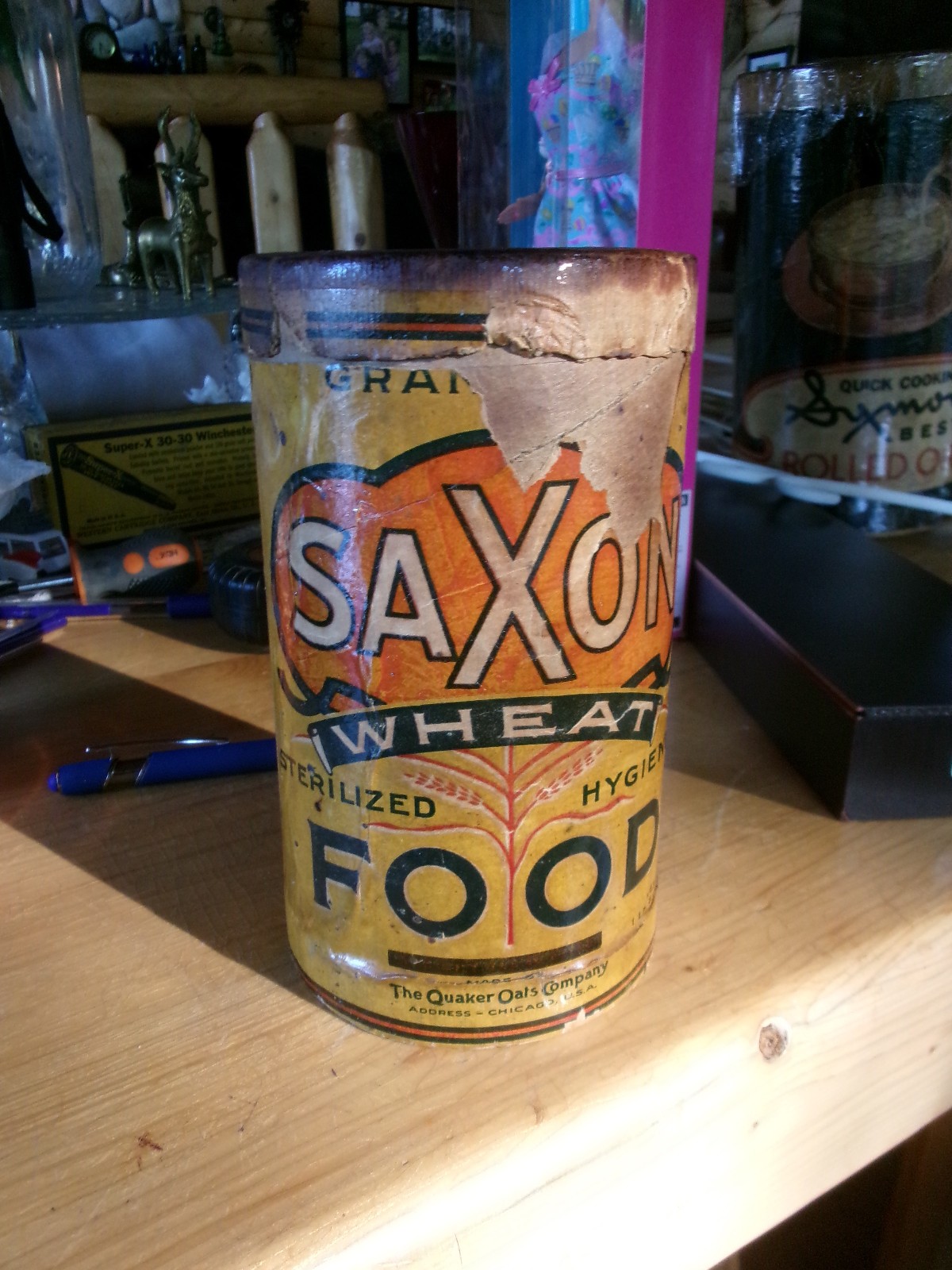 vintage 1-pound cardboard container of SAXON WHEAT FOOD produced by Quaker Oats vintage 1-pound cardboard container of SAXON WHEAT FOOD produced by Quaker Oats