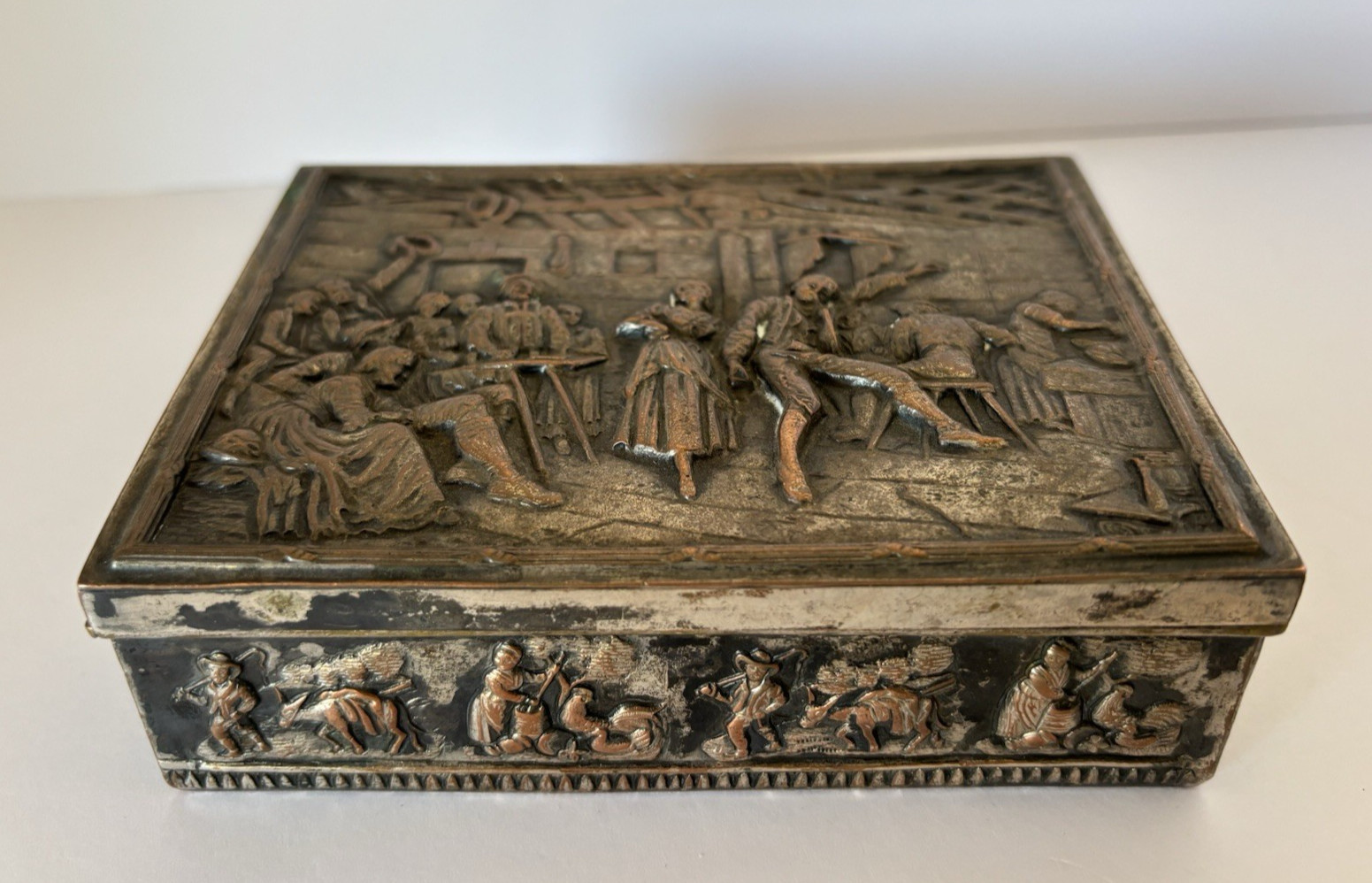 Antique E.G. Webster & Son Silverplate Cigarette Box Repoussé Tavern Scene