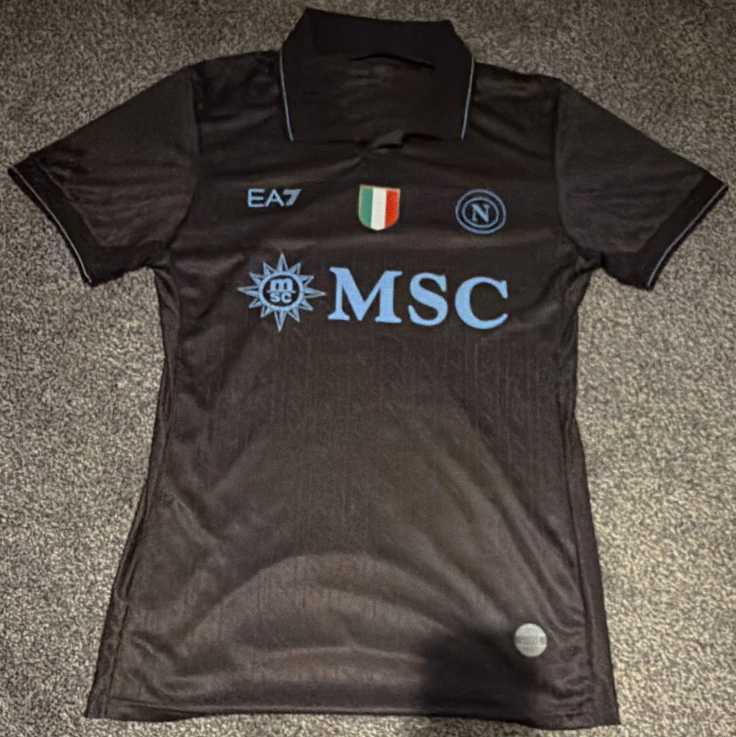 EA7 SSC Napoli Black Soccer Jersey Shirt w/ MSC Sponsor Logo - Napoli Team EA7 SSC Napoli Black Soccer Jersey Shirt w/ MSC Sponsor Logo - Napoli Team