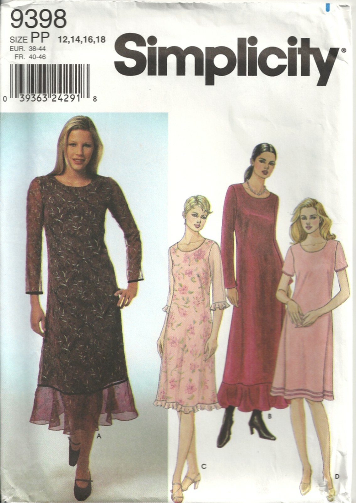 SIMPLICITY 9398 MISSES SIZE 4-10 DRESSES SEWING PATTERN ©2000
