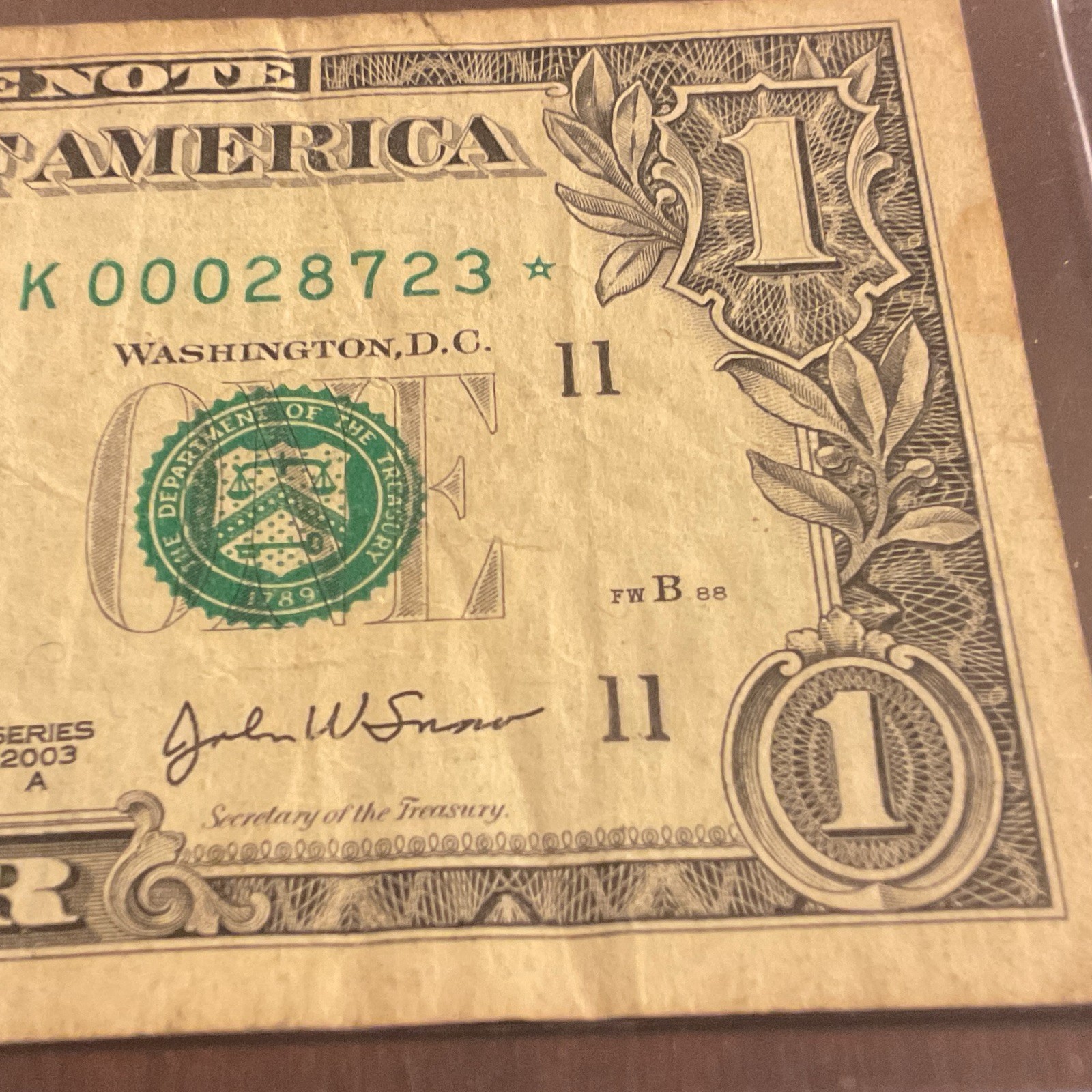 2003A $1 Dollar Bill Low Serial Star Note Dallas K00028723* Vintage Series 2003A $1 Dollar Bill Low Serial Star Note Dallas K00028723* Vintage Series