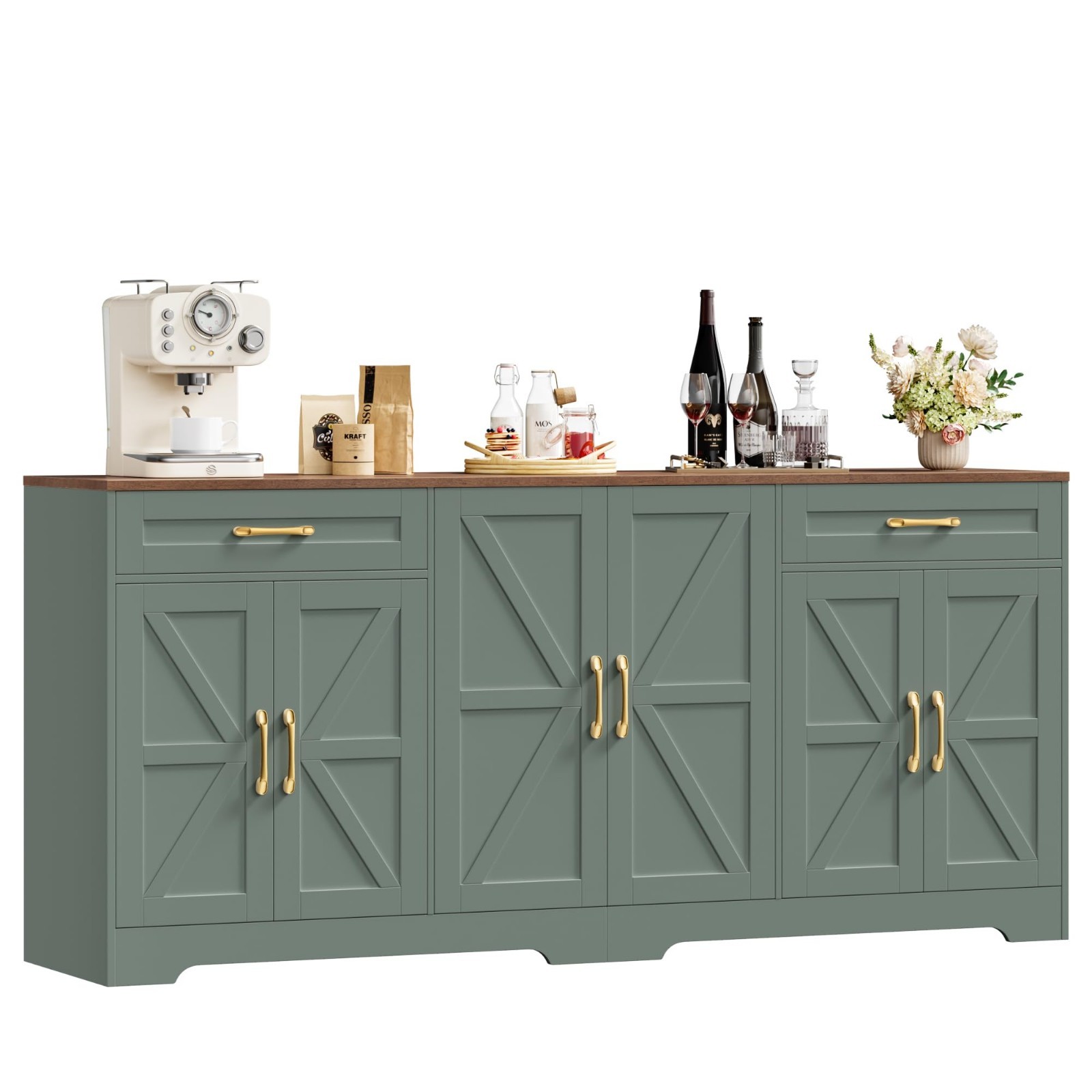 71” Farmhouse Buffet Cabinet with Storage, Adjustable Shelves, 6 Barn Doors, Gre