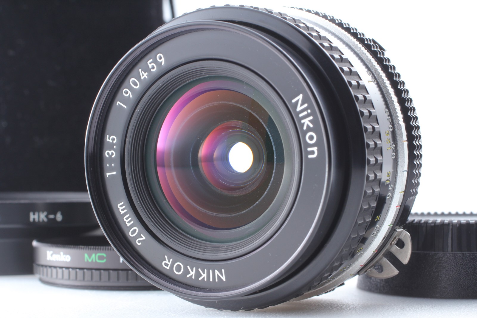 Nikon Ai NIKKOR 20mm f/3.5 MF Wide Lens w/ HK-6 Hood 52mm PL Filter Pouch Tested