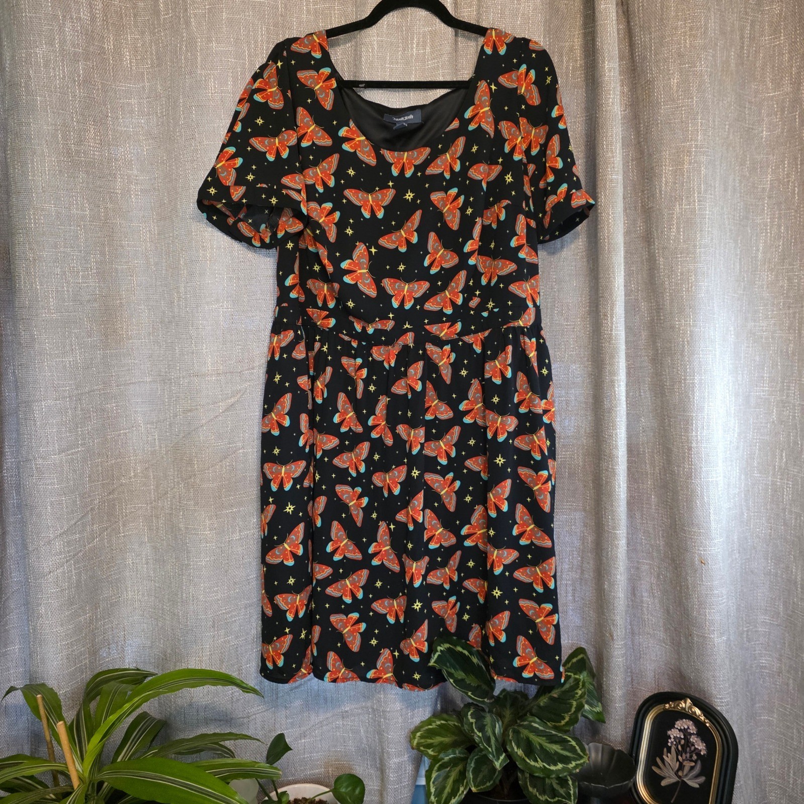 ModCloth Black Butterfly Moth Celestial Print Fit & Flare Dress 2X Plus Size