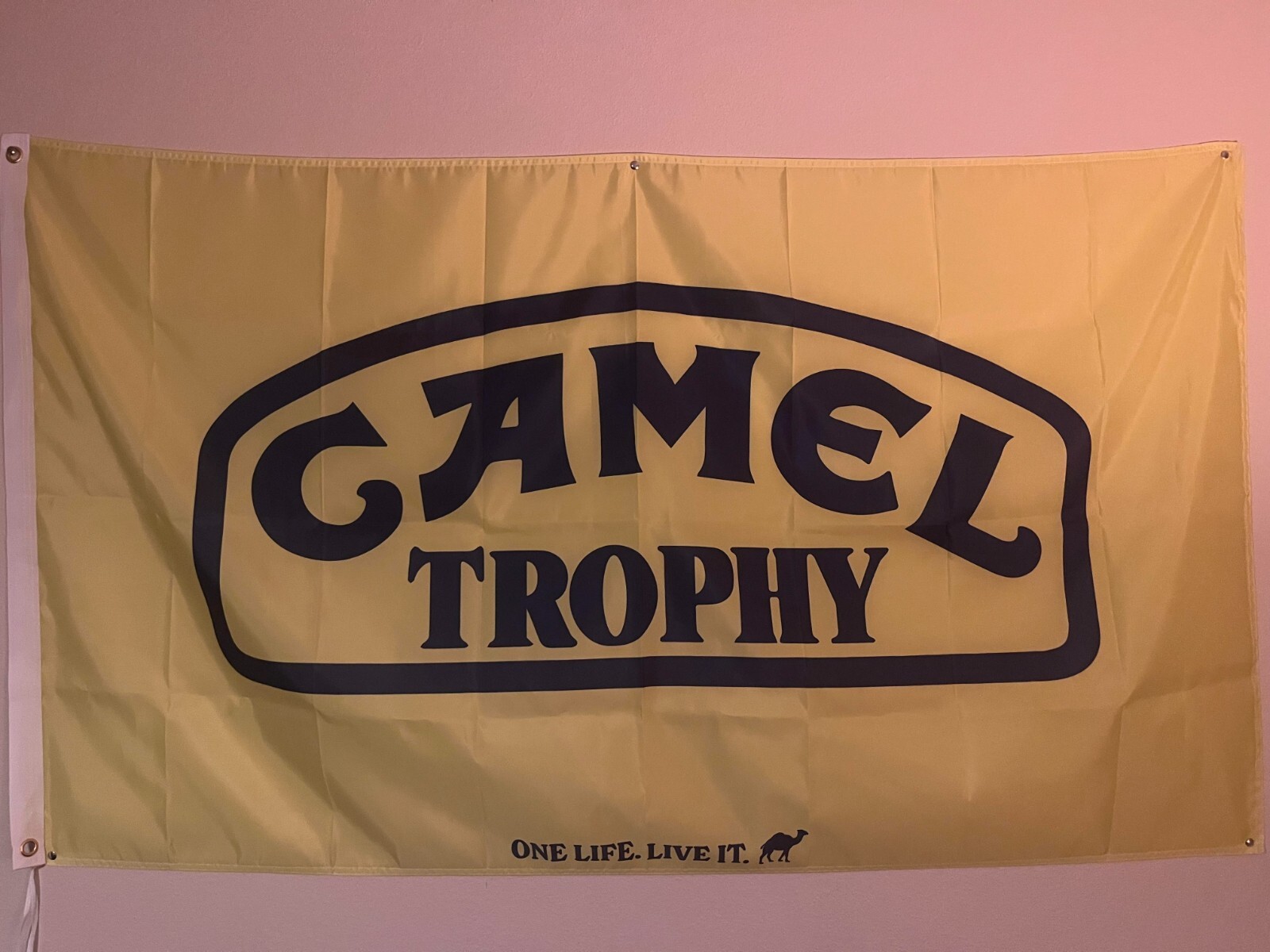 camel trophy flag (3x5 foot). vintage looking camel trophy 'one life. live it.' 