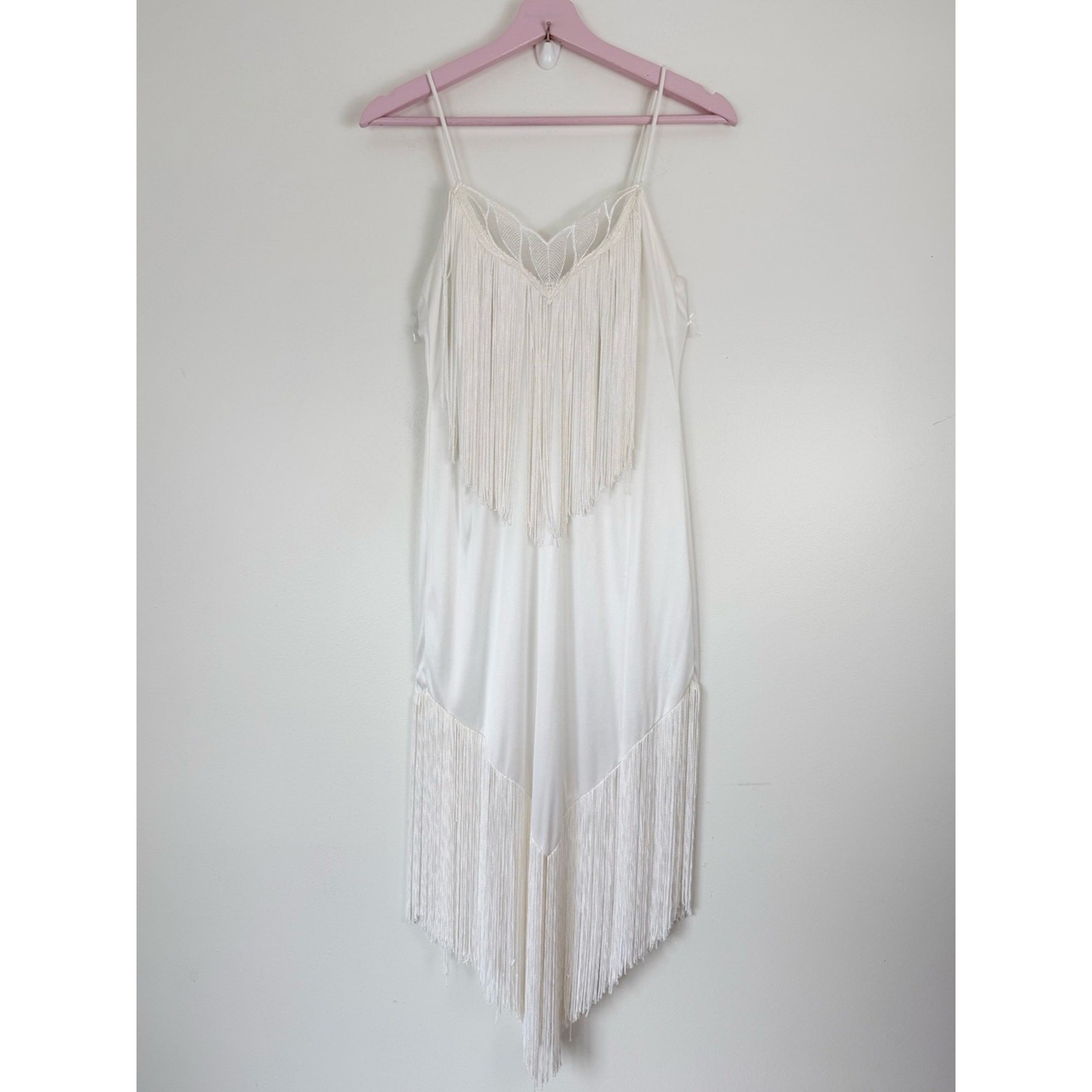Vintage Fredrick’s of Hollywood Ivory Cream Off-White Satin Fringe Gown Sz 9