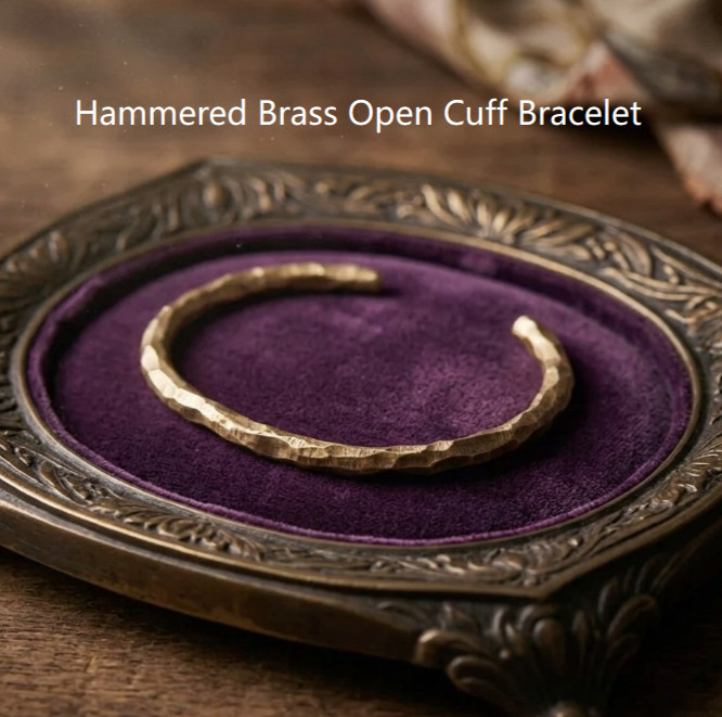 Vintage Hammered Brass Open Cuff Bracelet Healing Minimalist Unisex Reiki Gift