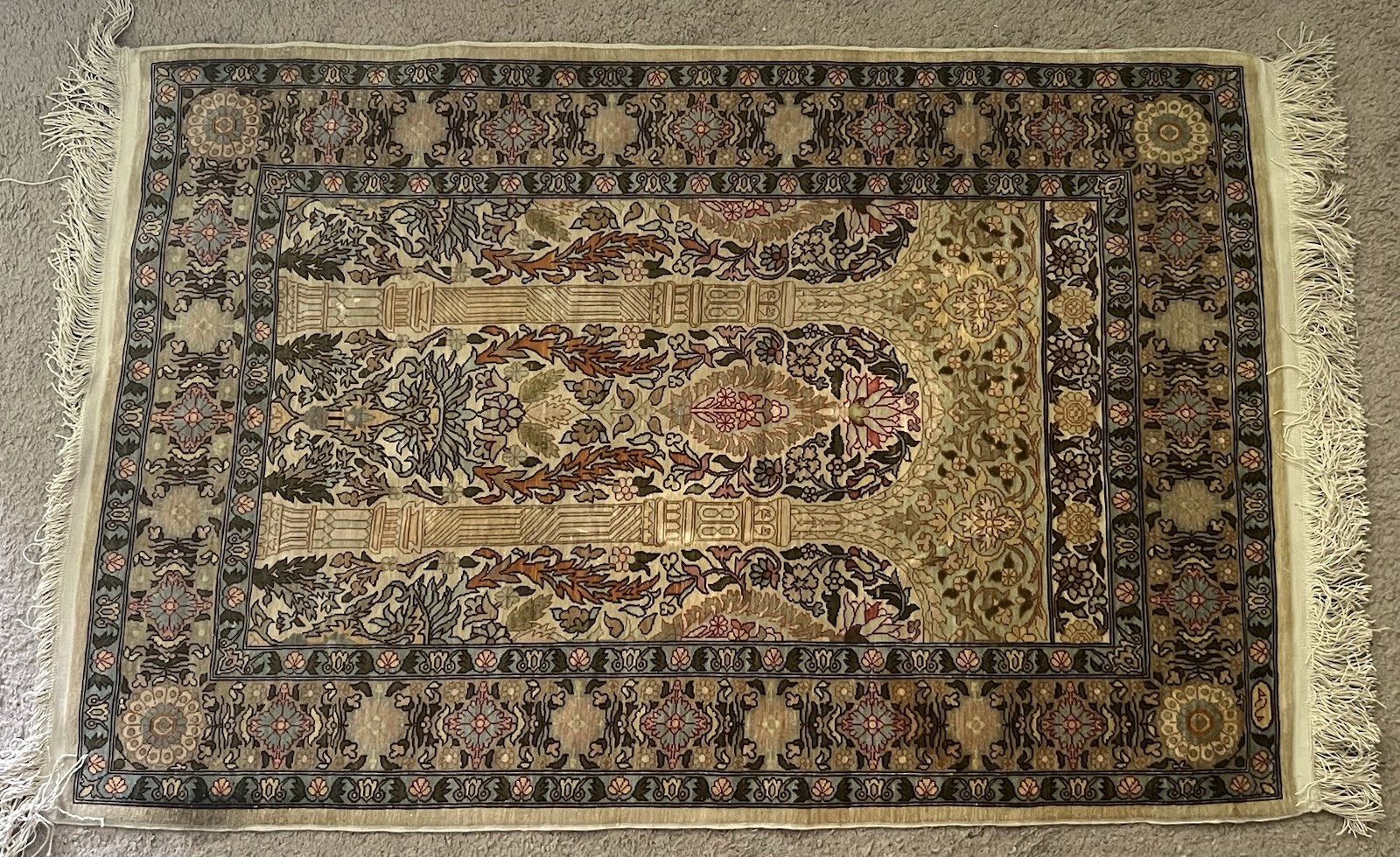 Hereke Ipek Silk on Silk Hand Knotted Turkish Prayer Rug 4 x 2.5 Ft Hereke Ipek Silk on Silk Hand Knotted Turkish Prayer Rug 4 x 2.5 Ft