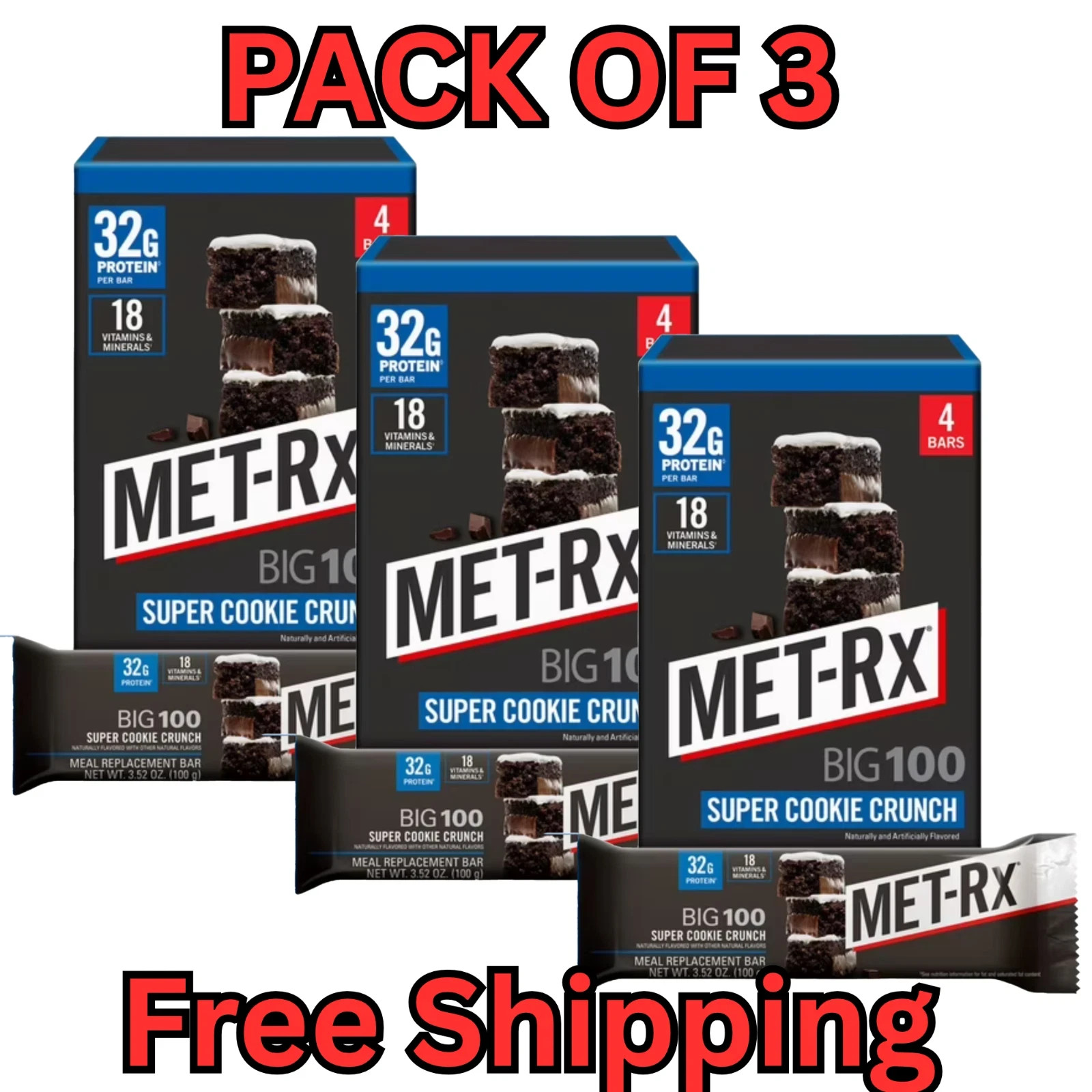 3Pack MET-Rx Big 100 High Protein Meal Replacement Bars Super Cookie Crunch 4 Ct