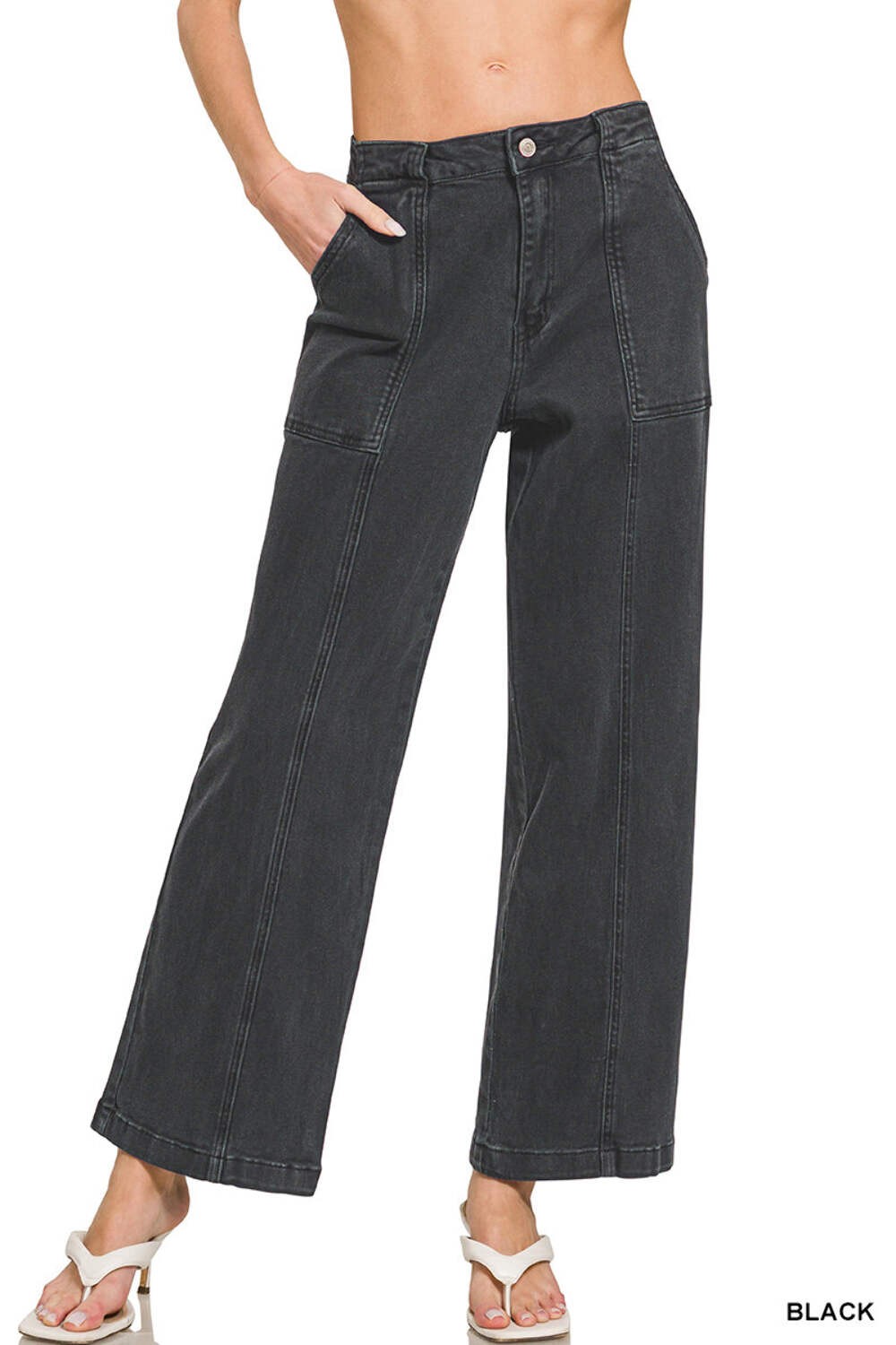Zenana Women's Straight Leg Utility Pocket Color Denim Pants - Black