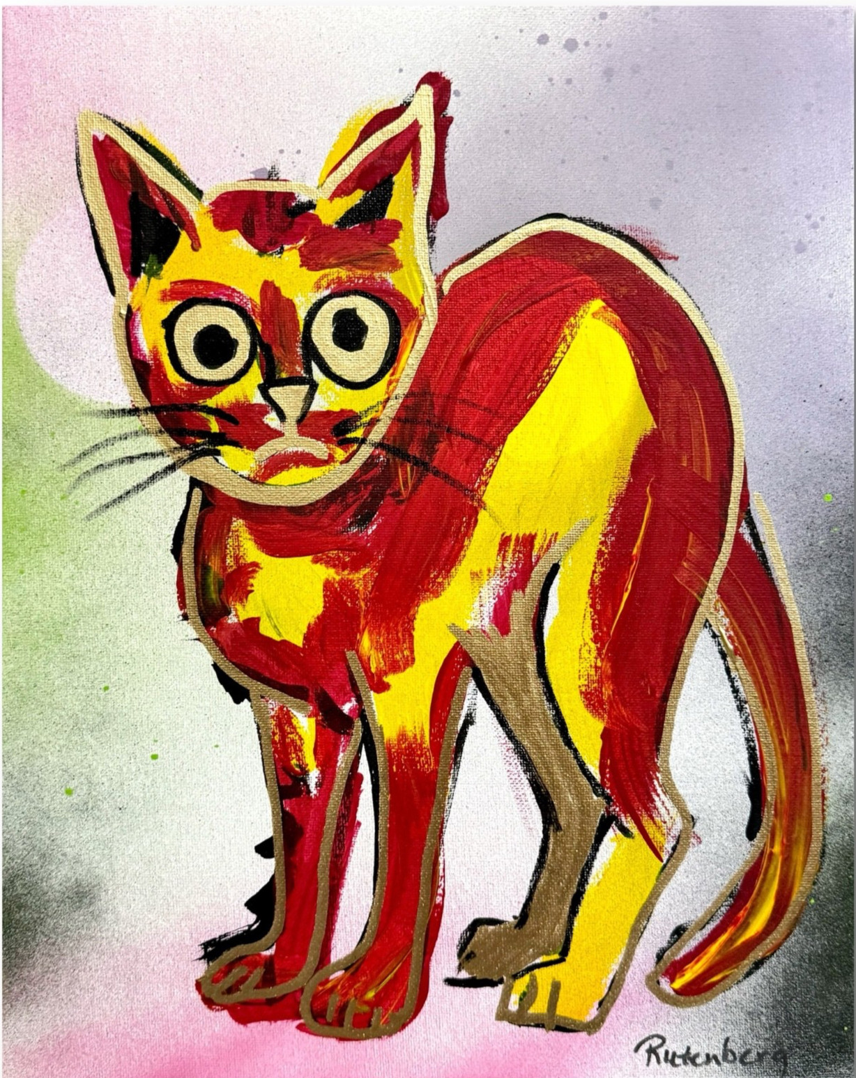 Rutenberg Original  Cat Gold Red Abstract 11x14 Signed Mixed Media Painting