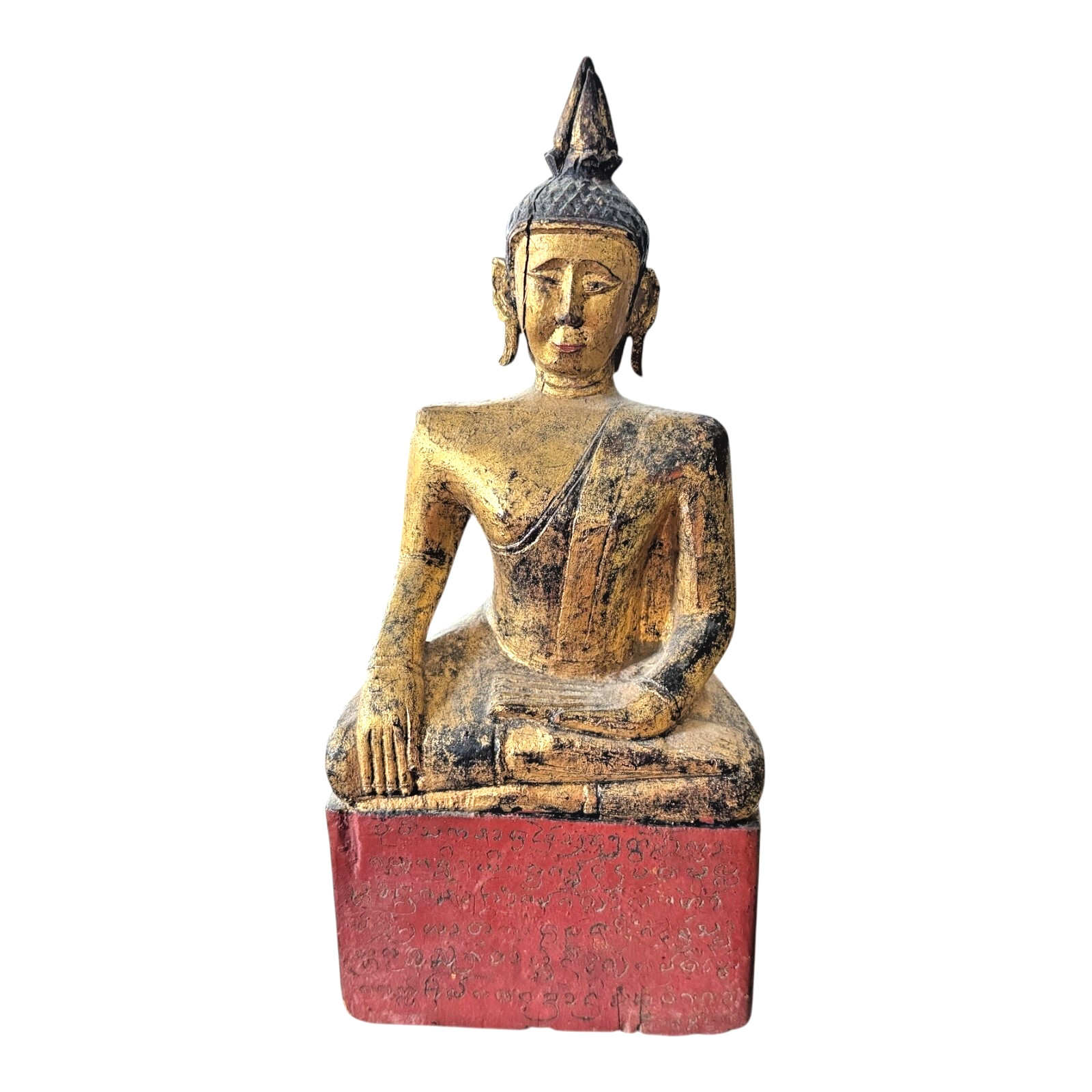 Antique Thai Gold Gilt Wood Carved Seated Buddha Statue on Red Base Antique Thai Gold Gilt Wood Carved Seated Buddha Statue on Red Base