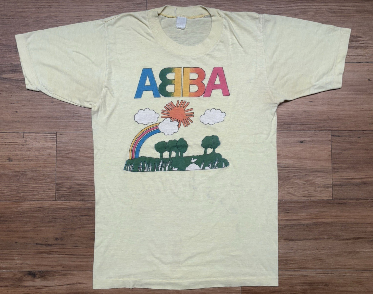 Vintage 70s 80s ABBA Rainbow Sun Graphic Band T-Shirt Single Stitch Yellow S