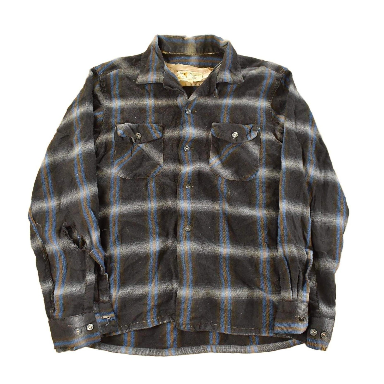 Vintage 1980s Distressed BVD Lanerossi Plaid Wool Flannel Button Up Shirt Men\'s