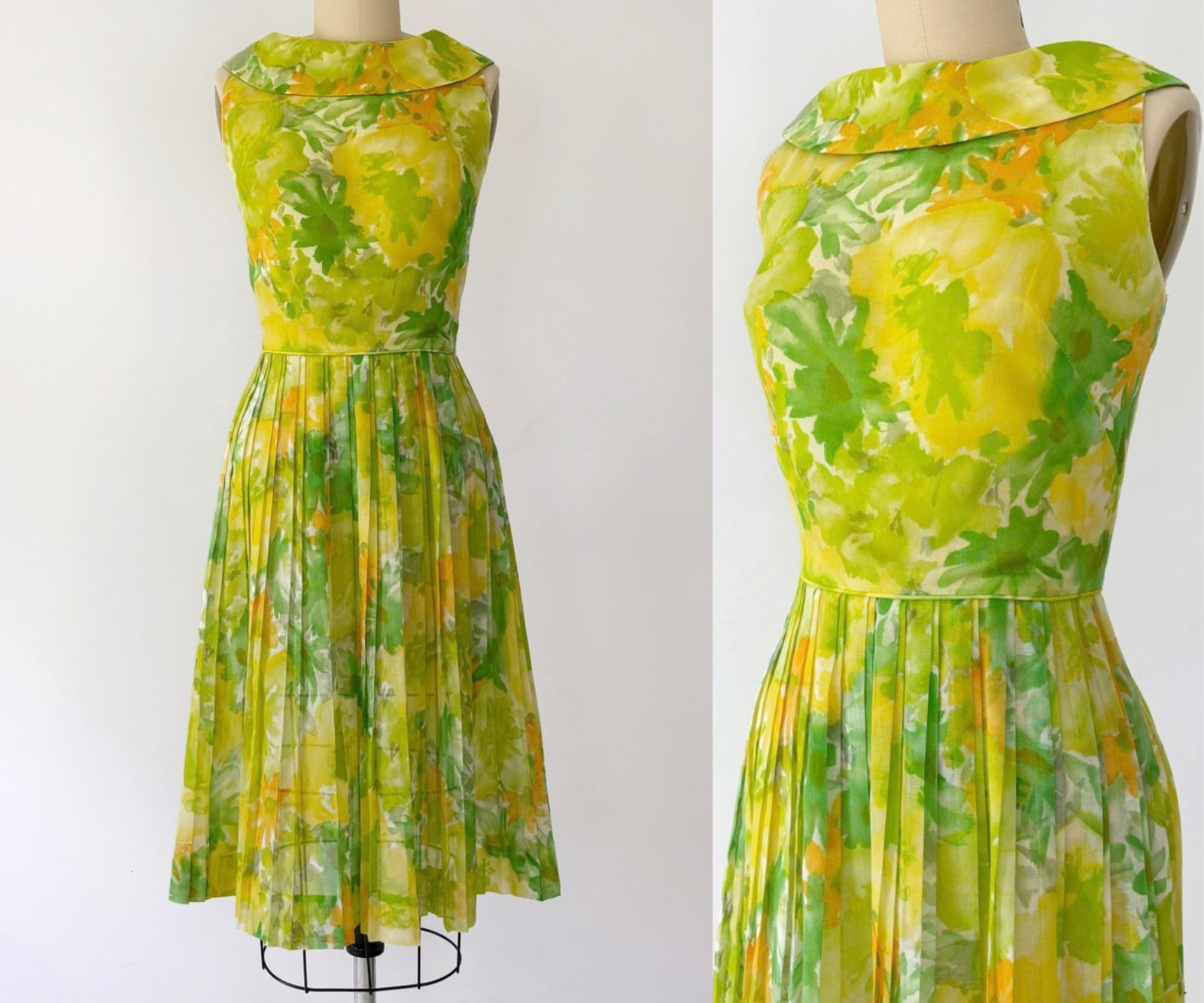 Vtg 1960s Lime Green Sleeveless Floral Pleated Retro Mod Dress by Mr. Bob 60s XS