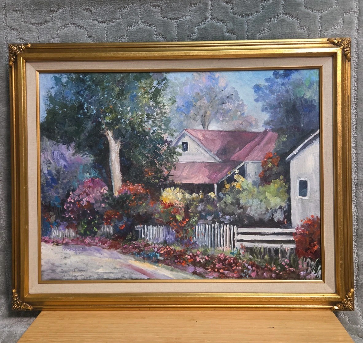 Unique Original Oil Painting White Picket, Floral Home Landscape 18x24 Signed Unique Original Oil Painting White Picket, Floral Home Landscape 18x24 Signed