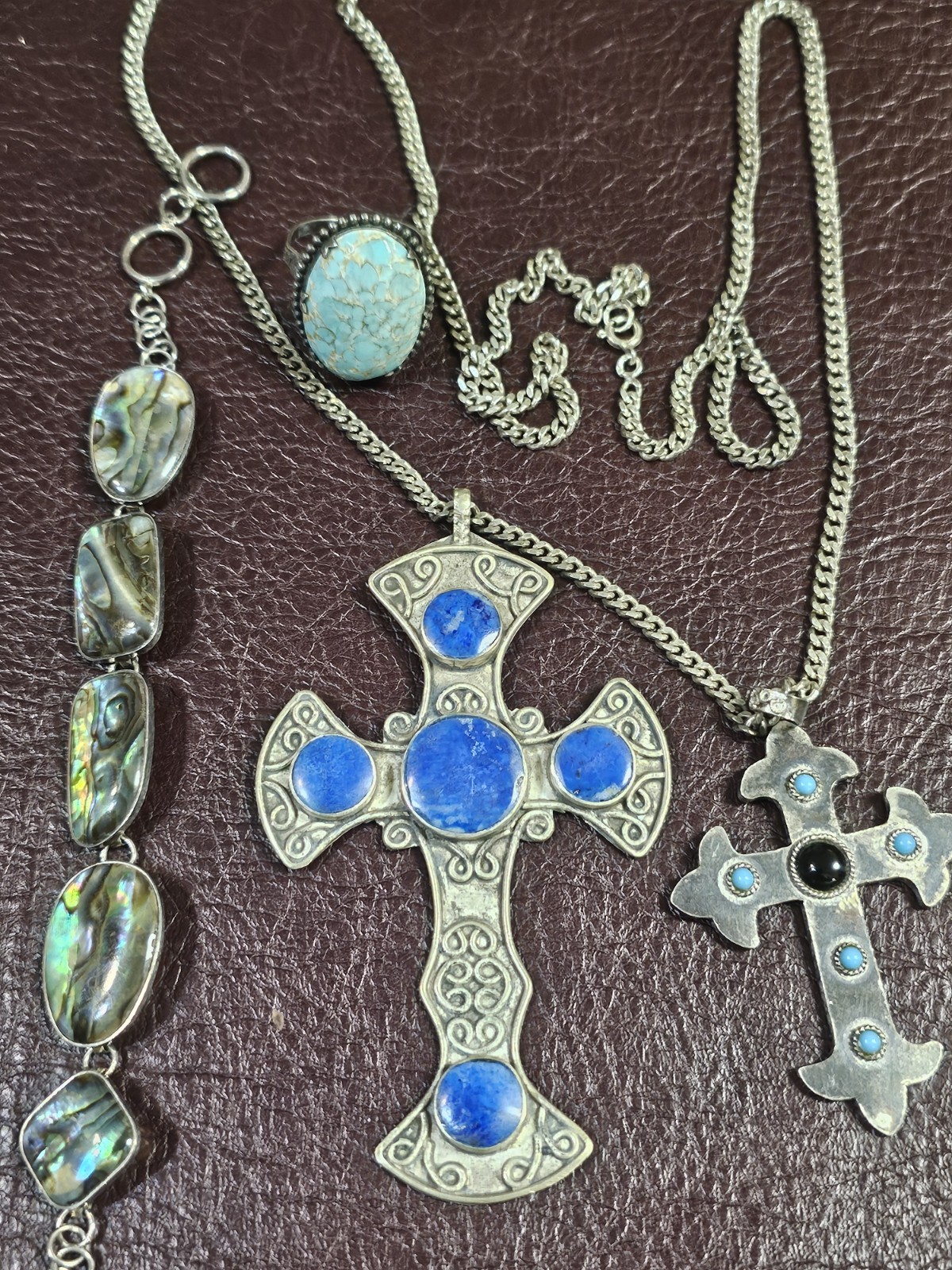 Estate Vintage 925 Sterling Silver Gemstone Jewelry Lot Lapis Abalone Turquoise