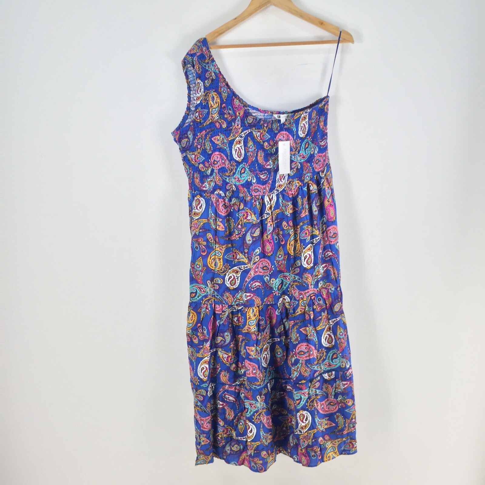NEW Rockmans womens maxi one shoulder shirred dress size 16 paisley blue 089641 NEW Rockmans womens maxi one shoulder shirred dress size 16 paisley blue 089641