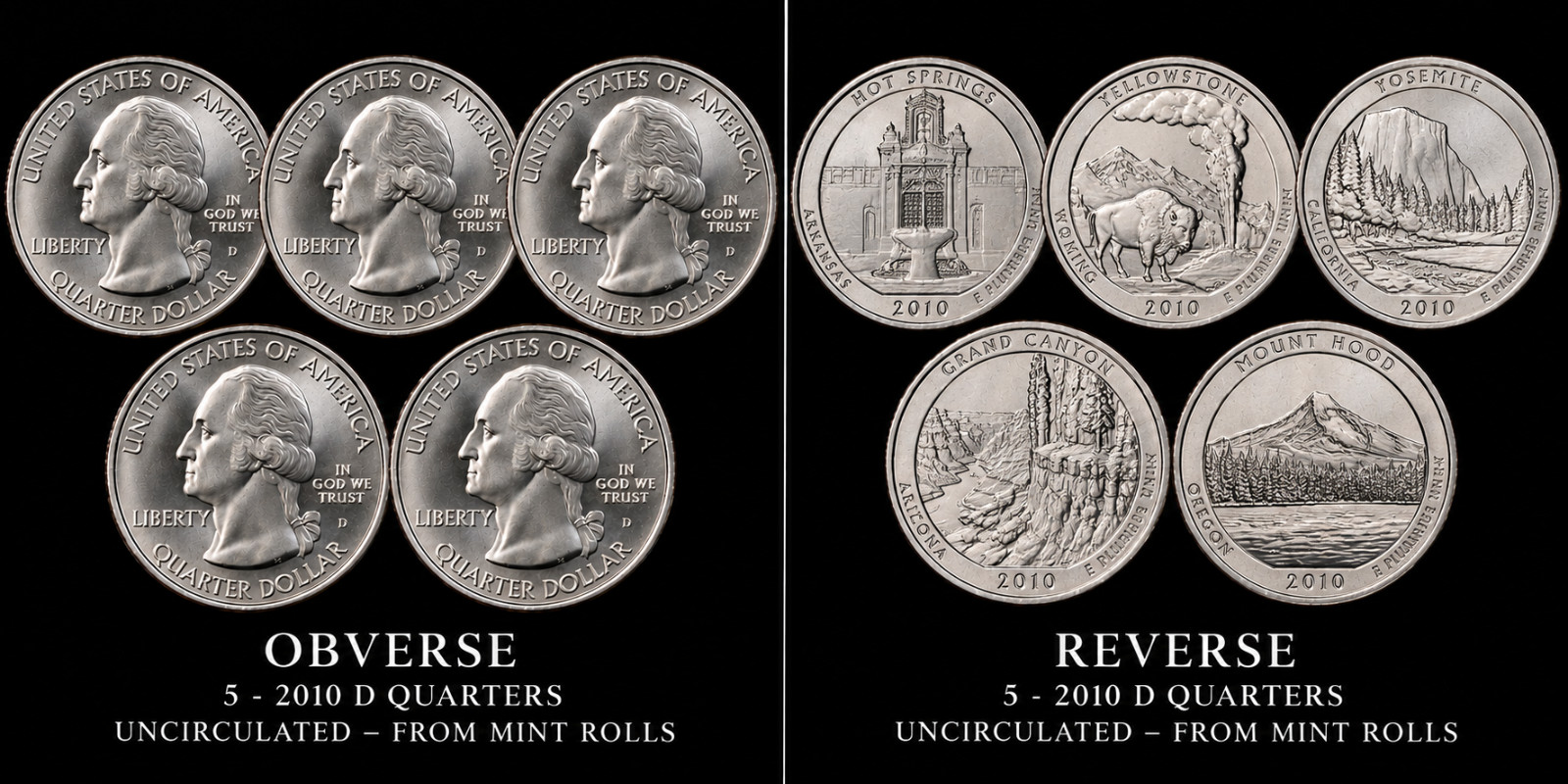 2010 D America Beautiful Quarters Complete 5 Coin Set UNC From Mint Rolls ATB