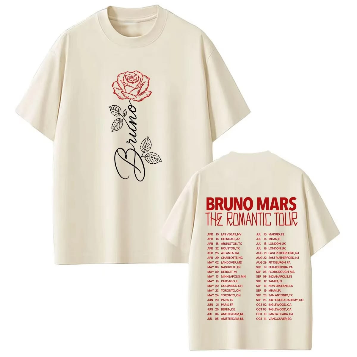 Bruno Mars The Romantic Tour Rose Natural Unisex T-shirt S -5XL Two-sided