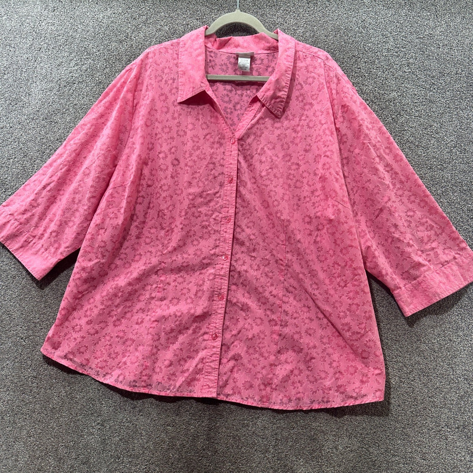 VTG Fashion Bug Button Up Blouse Top 30/32W Pink Floral Burnout 3/4 Sleeve