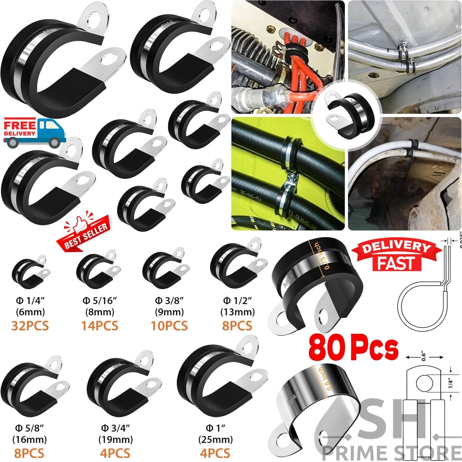 80pcs Rubber Cushion Insulated Clamp Stainless Steel Cable Clamps Assortment Kit