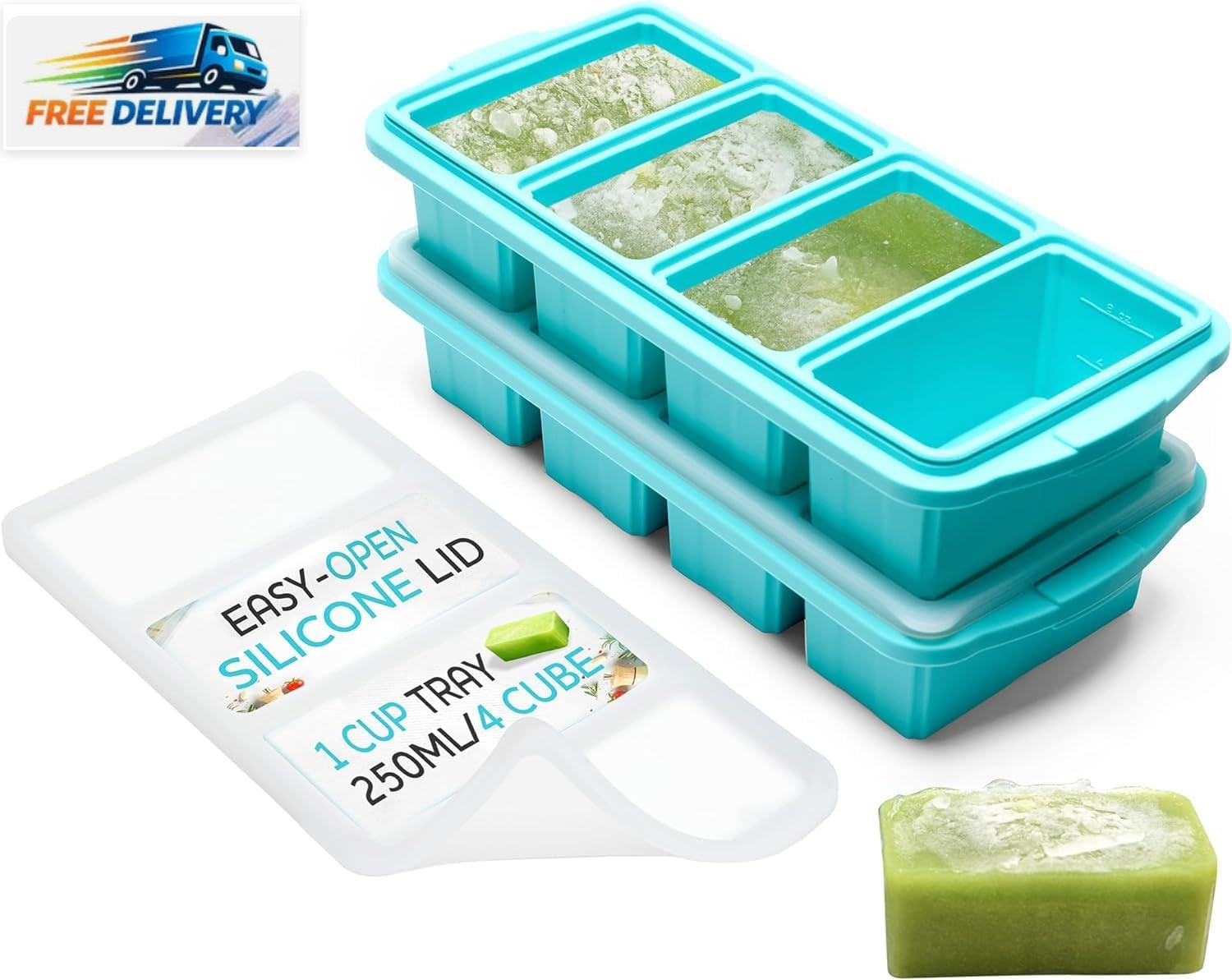 Silicone Freezer Tray with Lid - Soup Freezer Container Molds - Large Ice Cube T