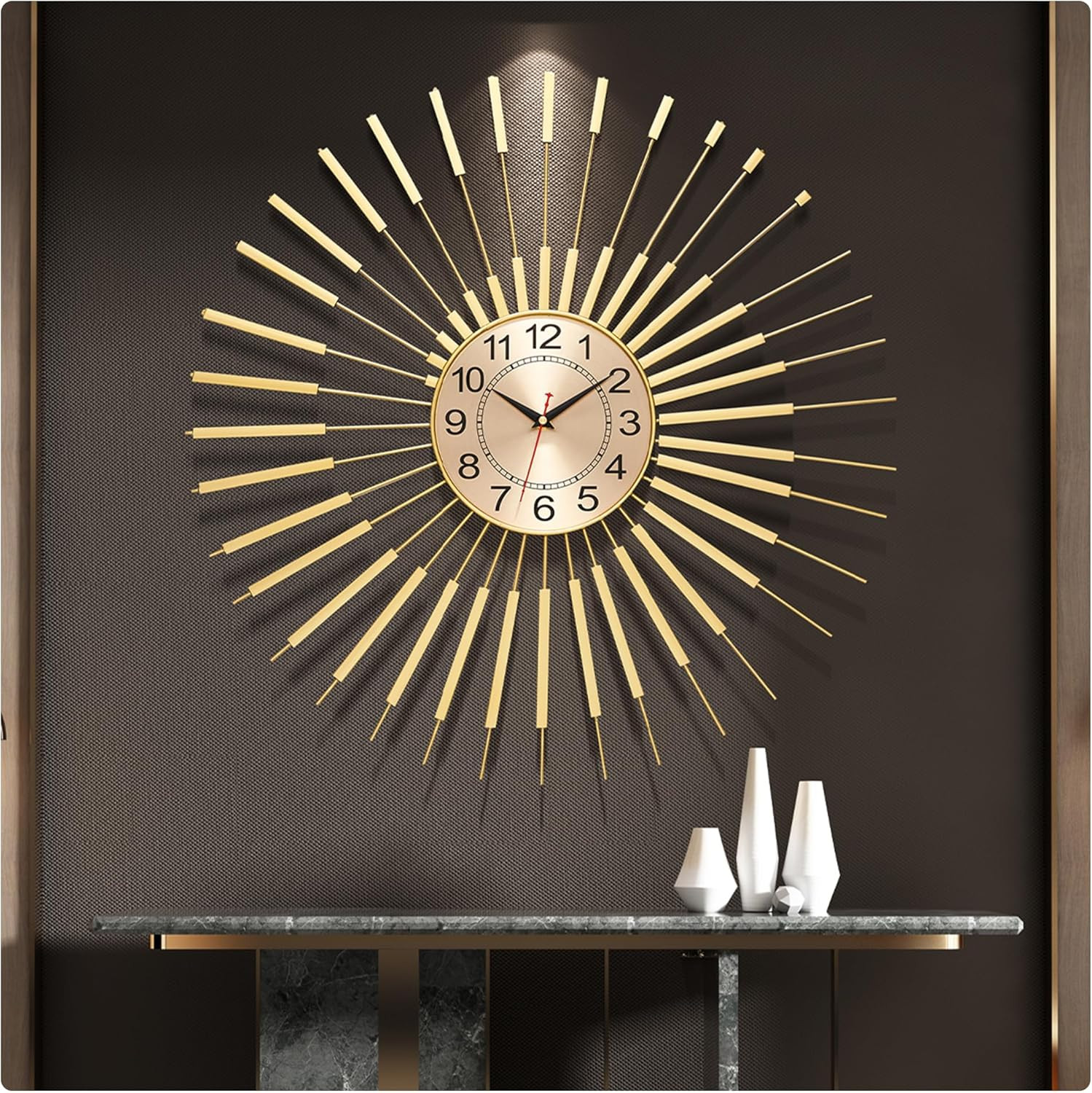 24 Inch Gold Starburst Wall Clock Silent Metal Mid Century Modern Decor