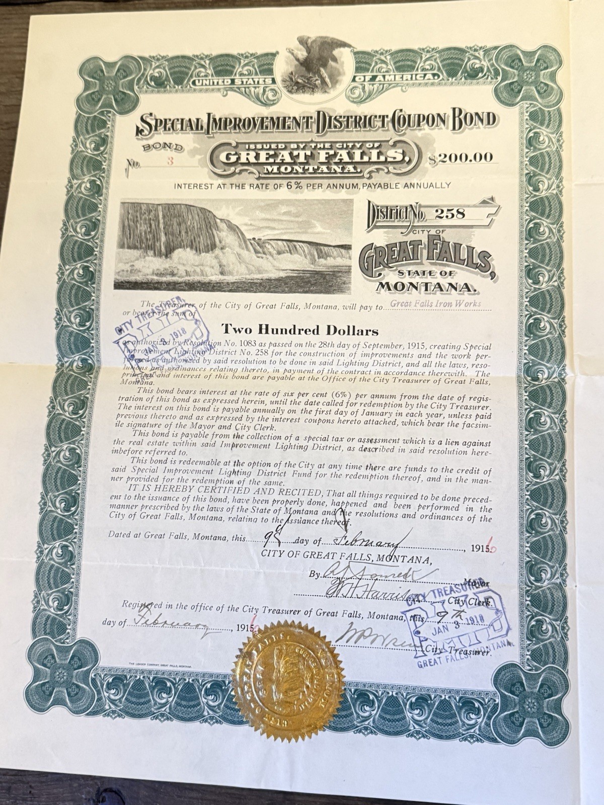 1915 Great Falls Montana $200 Special Improvement District Bond w/ Coupons