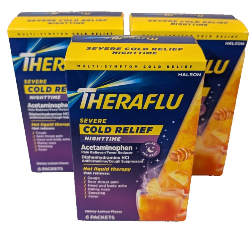 3 PK Thera Flu Nighttime Severe Cold Relief Honey Lemon  Powder EXPIRES 4/28