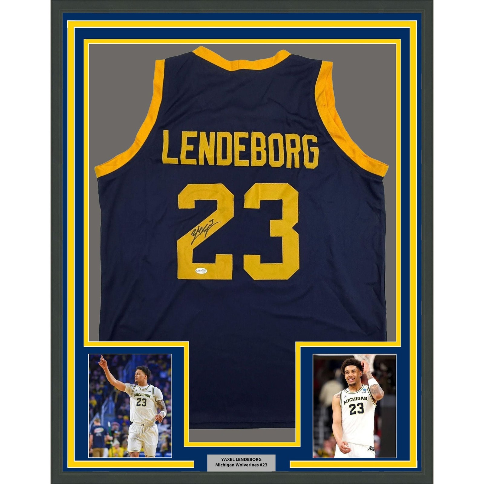 Framed Autographed Yaxel Lendeborg 35x39 Michigan Blue Jersey JSA COA