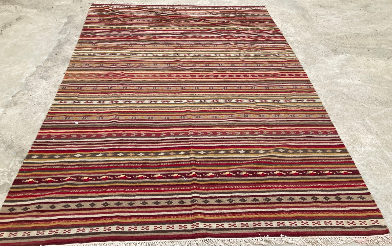 Vintage Handmade Geometric Striped Wool Flatweave Rug 297x203 cm
