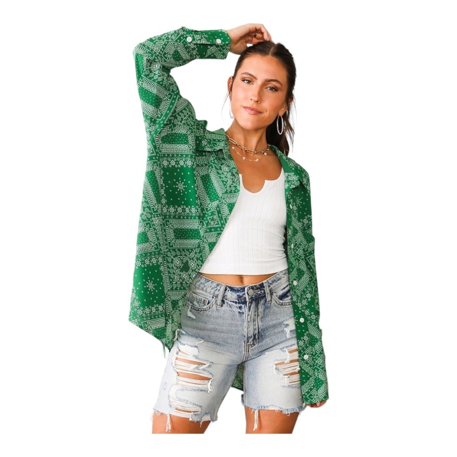Buckle Acoa NWOT Geometric Bandana Print Green & White Button Down Blouse XS