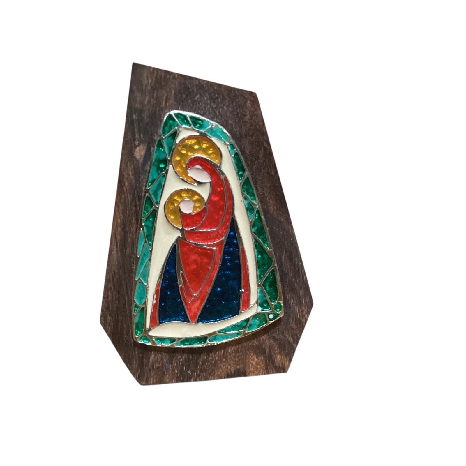 Vintage Italian Enamel Madonna and Child Wood Plaque Stained Glass Style Italy