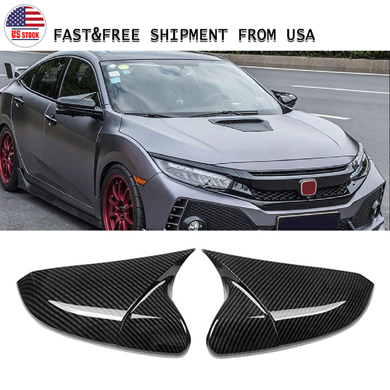 Carbon Fiber Black Rear OX Horn View Mirror Cover Caps For Honda Civic 2016-2021