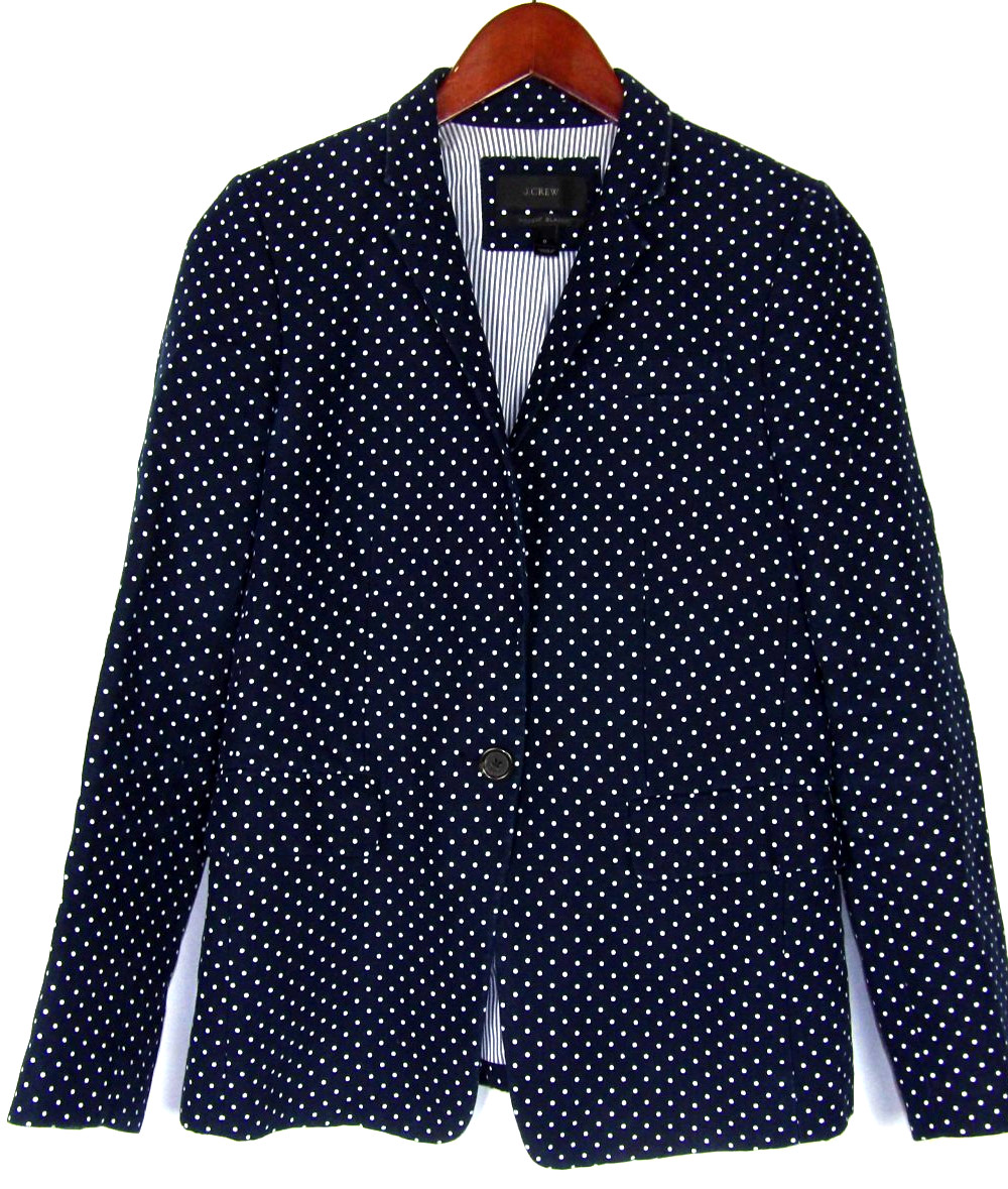 J.Crew 100% Linen 1 Button Navy Blue Polka Dot REGENT Blazer Women\'s 0