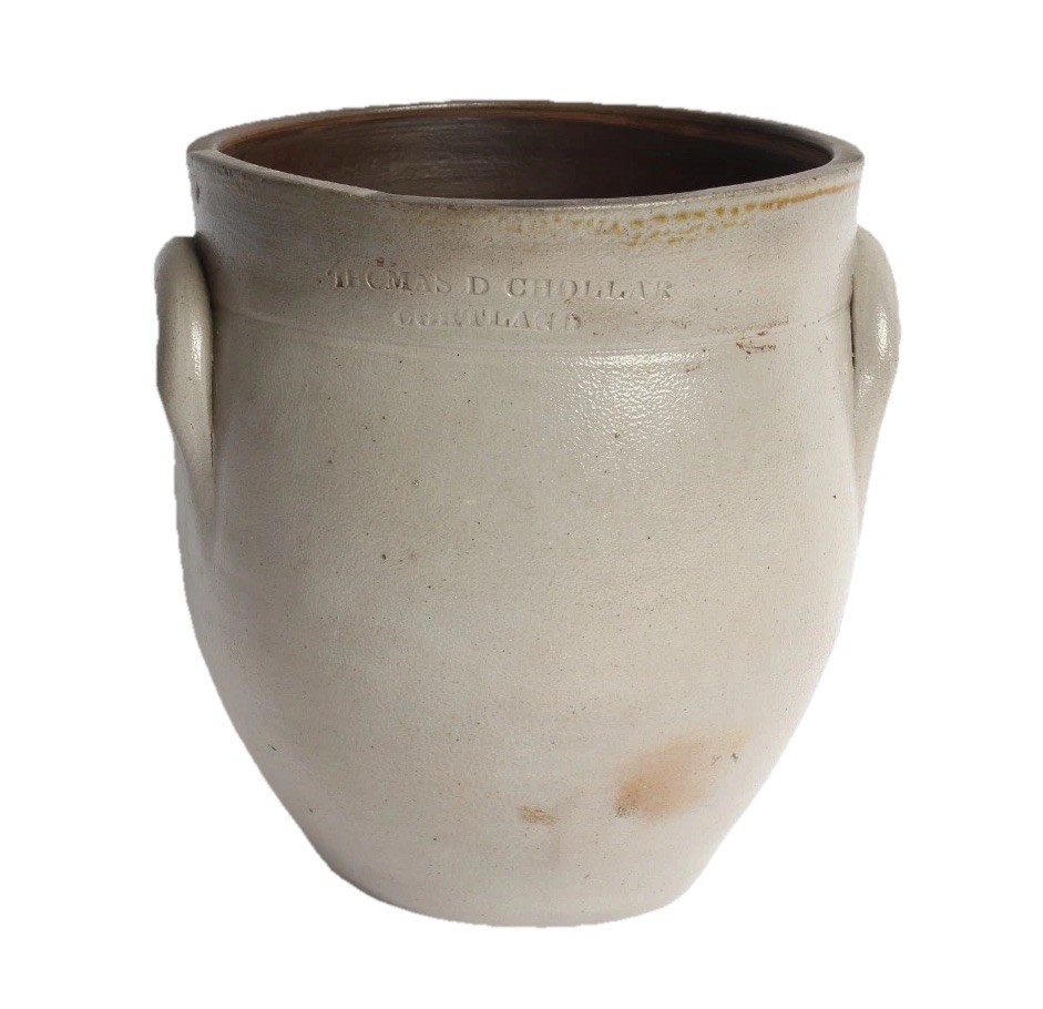 THOMAS D. CHOLLAR - CORTLAND NY ANTIQUE SALT GLAZE OVOID CROCK JUG BOTTLE HANDLE THOMAS D. CHOLLAR - CORTLAND NY ANTIQUE SALT GLAZE OVOID CROCK JUG BOTTLE HANDLE