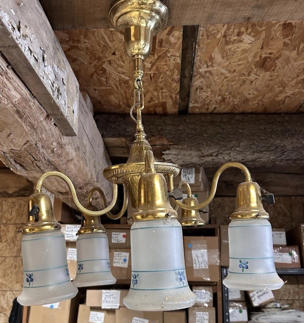 Antique Brass Pan Chandelier W/ Frosted Hand Painted Shades 1 Missing 1910s