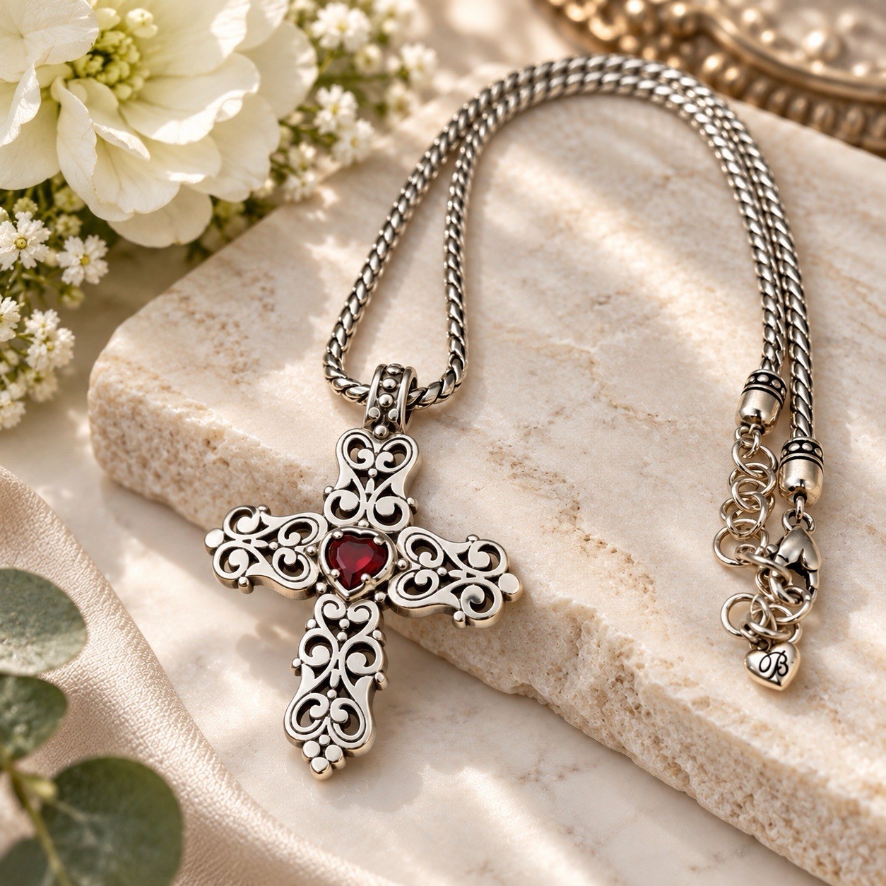 Brighton Endless Love Cross Necklace Red Heart Silver Tone Adjustable 18-20”