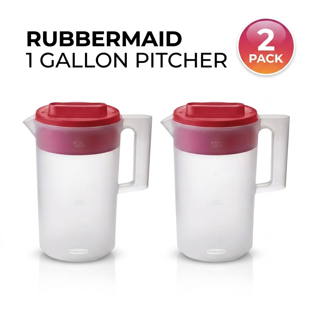 (2 Pack) Rubbermaid Simply Pour 1 Gallon Plastic Pitcher, Clear/Red