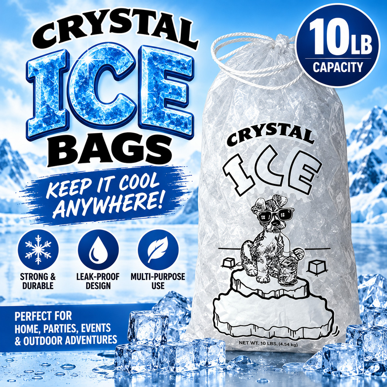 10 lb Clear Plastic Ice Bags with Drawstring, Heavy-Duty Freezer-Grade