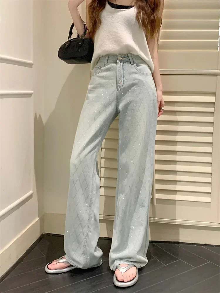 Women Blue Baggy Plaid Jeans Vintage Y2k Cowboy Pants Harajuku Aesthetic Denim T