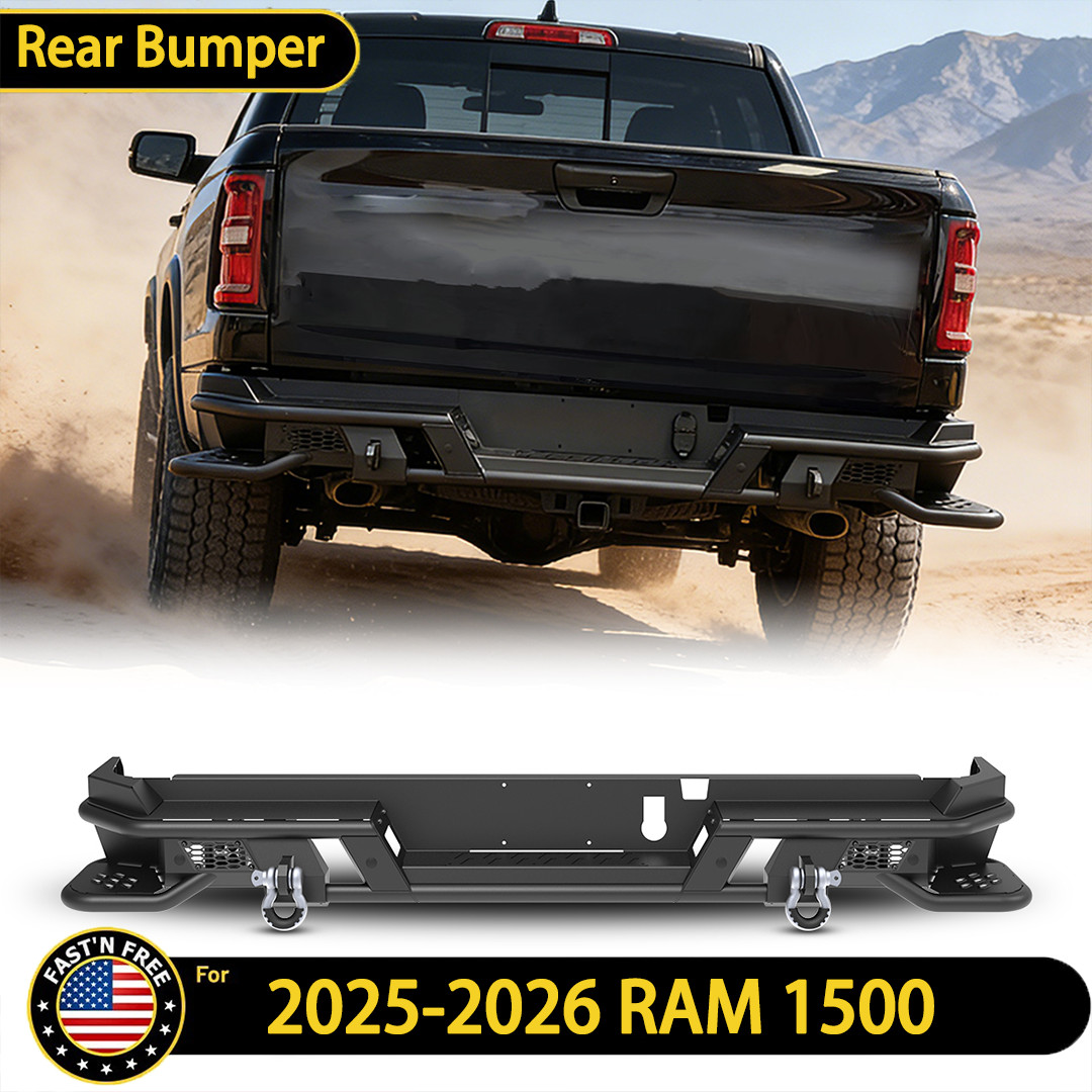 Black Rear Bumper Assembly For 2025-2026 RAM 1500 LED Lights & D-Rings Steel