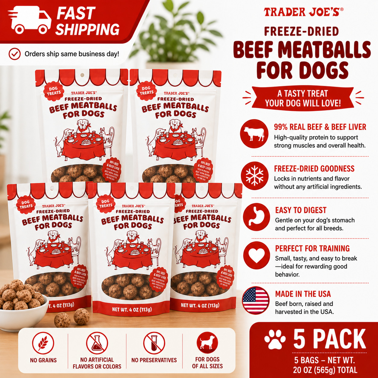 5 Pack Trader Joe’s Freeze-Dried Beef Meatballs for Dogs, Savory Beef Bites 4 oz