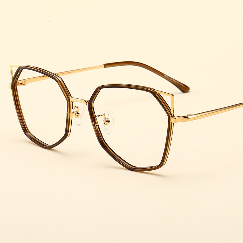 Women Fashion Brown Geometric Cat Eye Metal Frame Vintage Irregular Eyeglasses