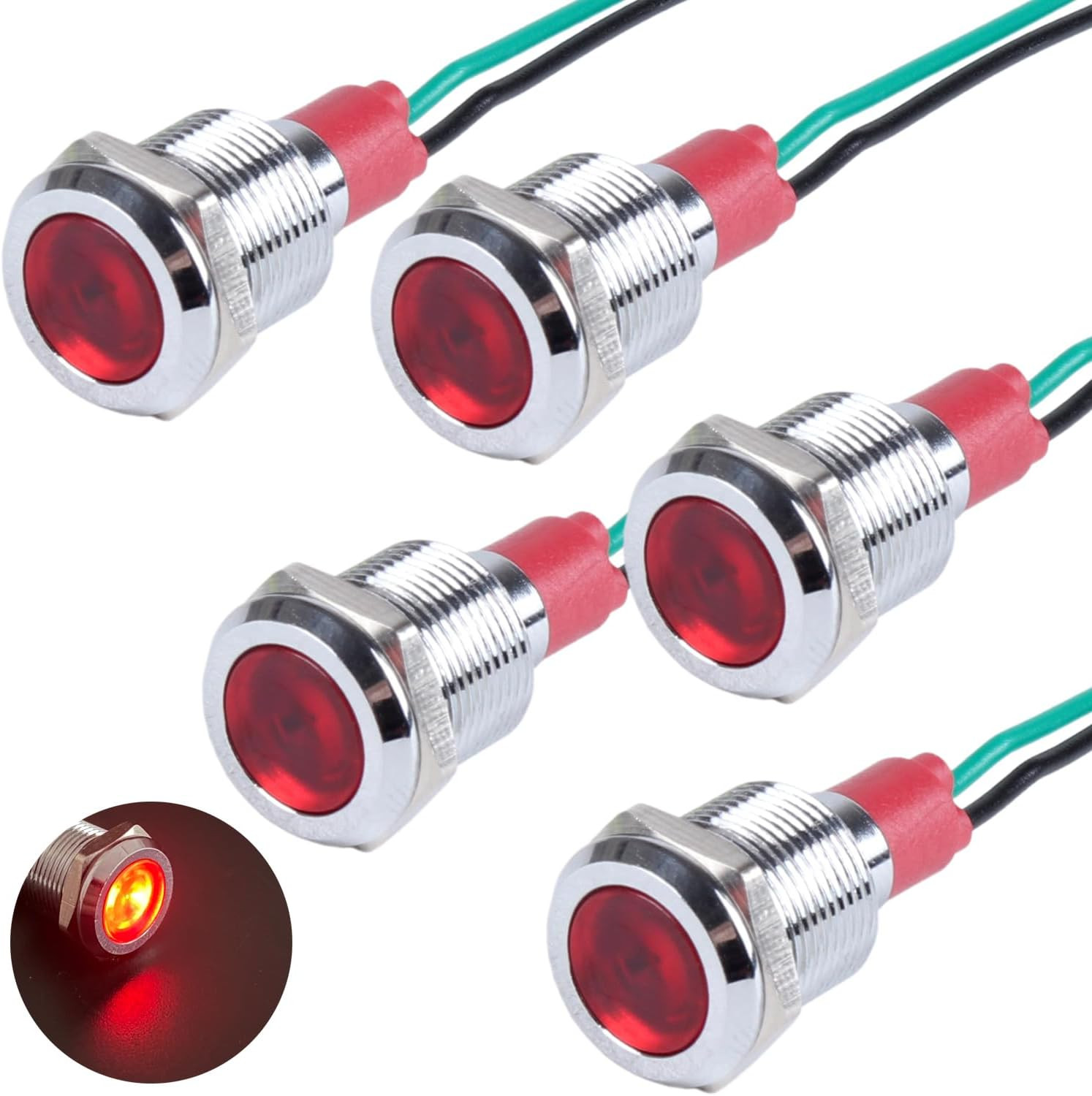 5Pcs 12Mm 110V-220V Metal Red LED Indicator Light 20Ma Wide Flat Head
