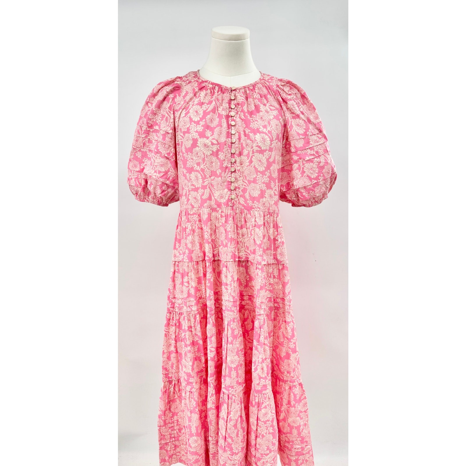 The Great Pleated Ravine Dress Pink Floral Tiered Midi Puff Sleeve XS