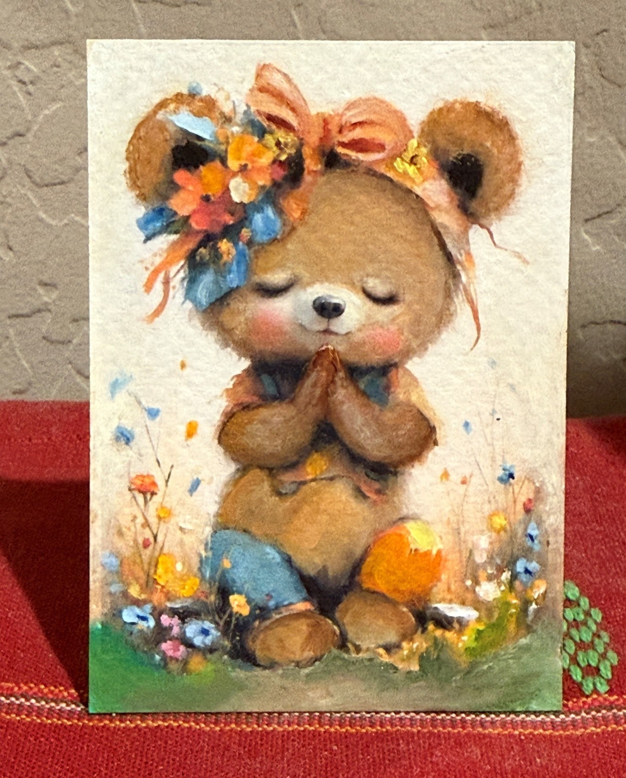 ACEO Little Brown Bear Praying Original Expressionism Oil Painting 3.5x2.5 OOAK