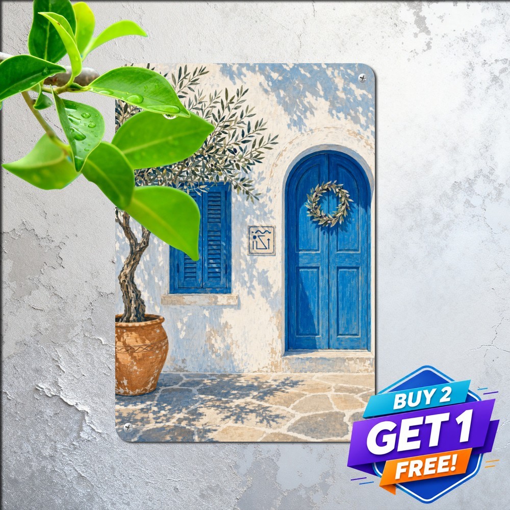 Mediterranean Village Blue Wooden Shutters Potted Plant Plaque Metal Tin