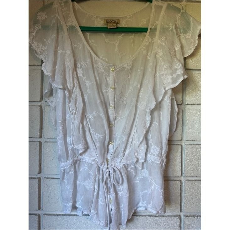 Lucky Brand White Floral Embroidered Tie-Waist Flutter Sleeve Blouse S RN80318